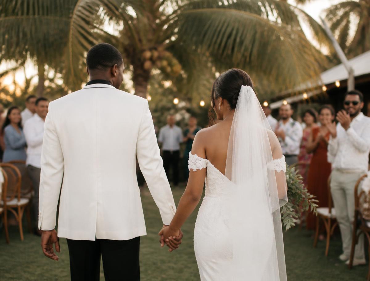 Ceremonia de boda frente al mar con arco floral marfil en Punta Cana