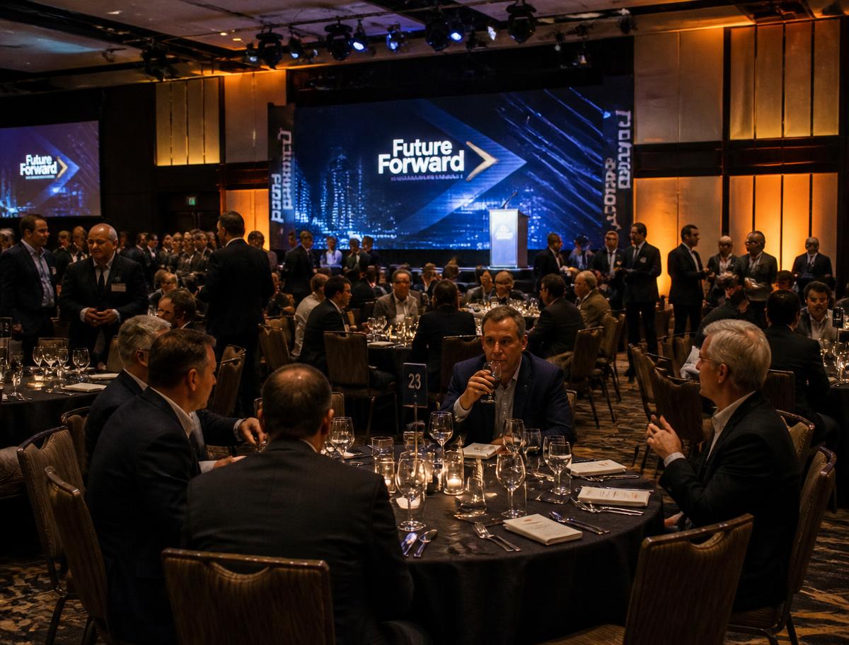 Montaje de cena corporativa en salón de hotel con detalles dorados