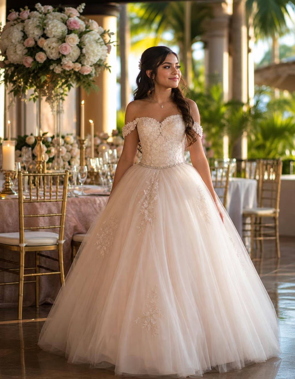 Joven quinceañera con vestido de gala en salón elegante decorado con flores y velas