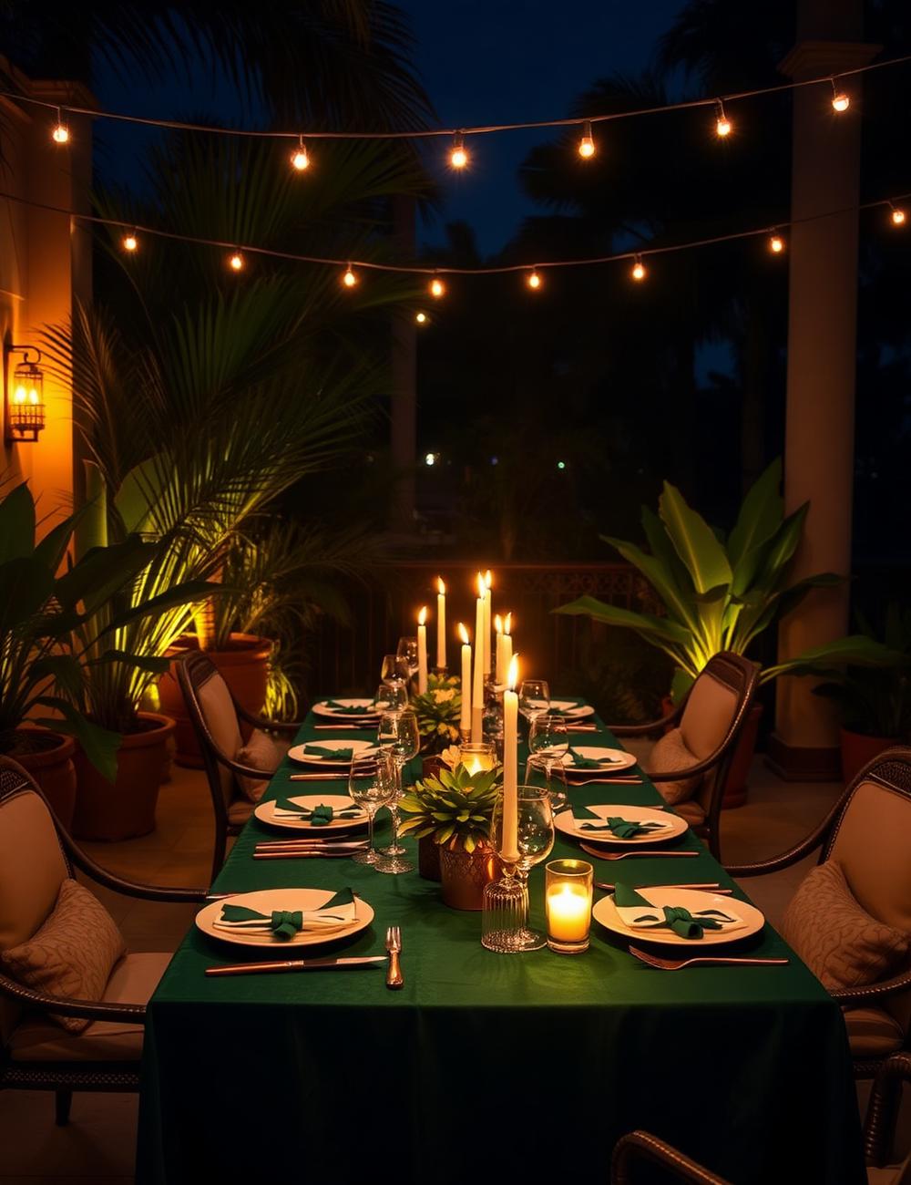 Cena privada al aire libre con iluminación cálida y montaje elegante