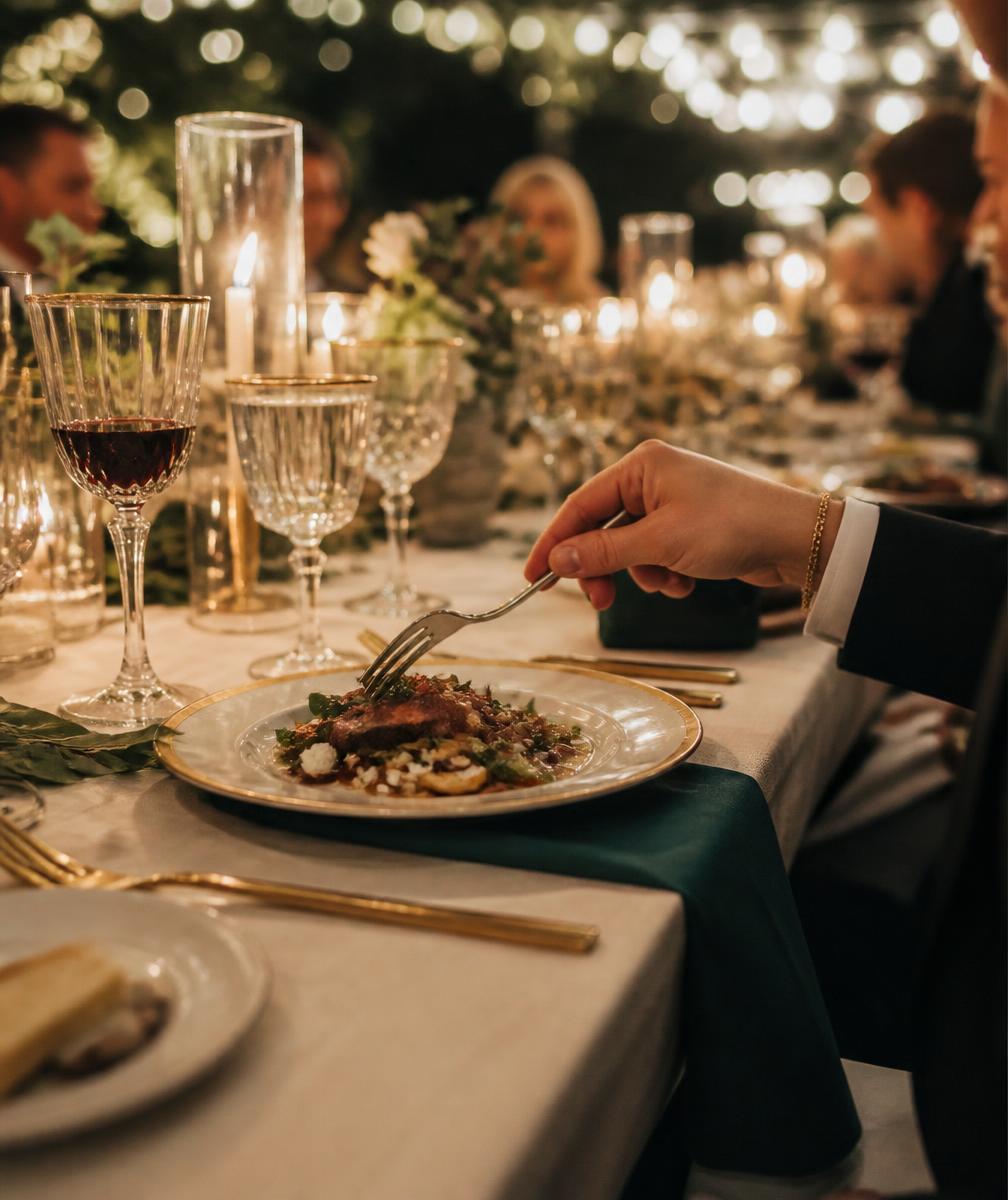 Plato servido en una mesa elegante con cristalería, velas y detalles dorados