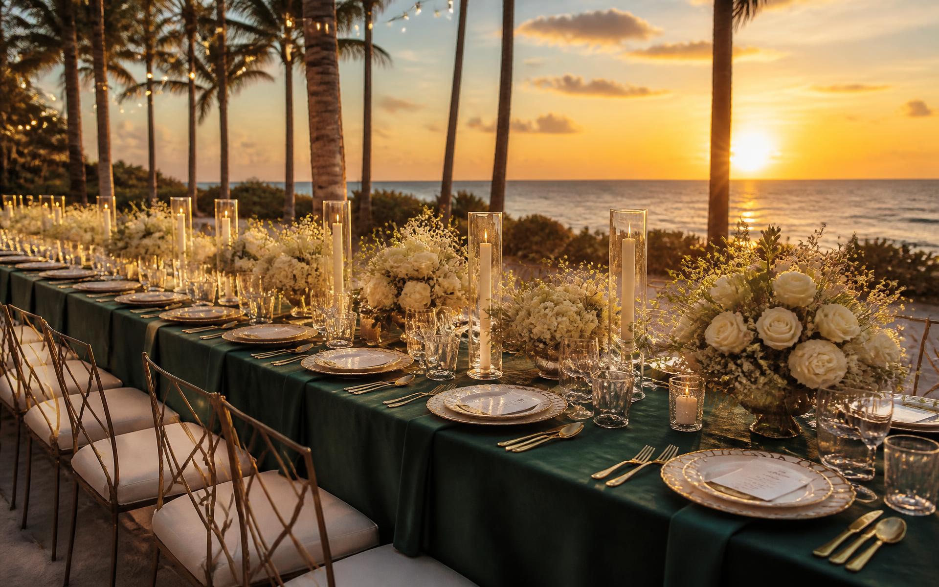 Mesa larga con mantelería verde esmeralda, flores marfil y velas frente al mar en Punta Cana al atardecer