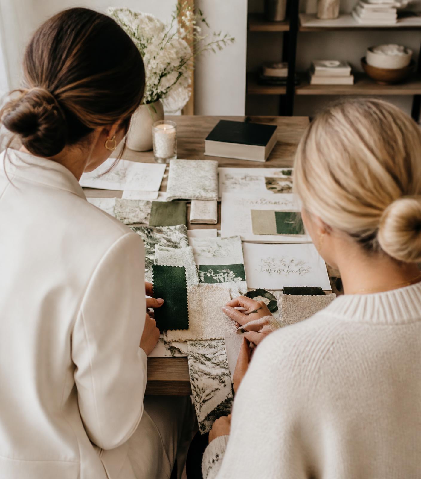 Dos mujeres trabajando juntas sobre moodboards, telas verde esmeralda y papelería marfil